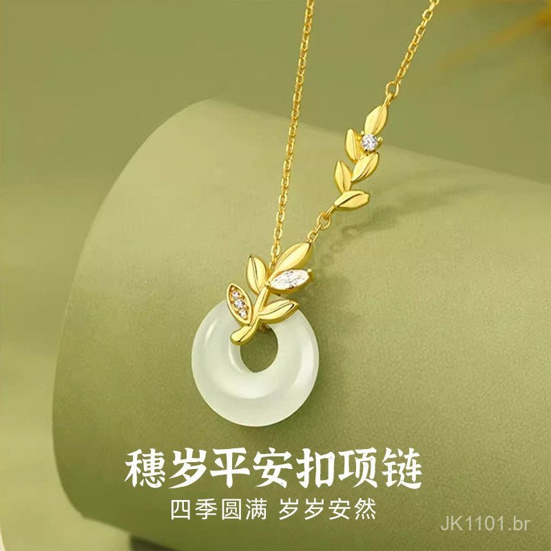 Colar com pingente de fivela de paz em jade Hetian com imitação de espiga de trigo para mulheres, corrente de clavícula,