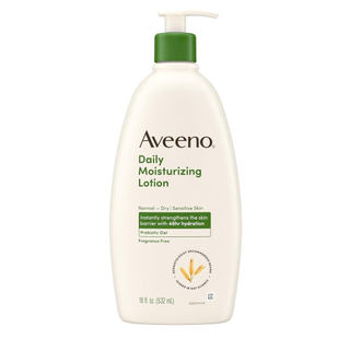 Loção Hidratante Diária para o Corpo Aveeno, especificamente para pele seca, contém ingredientes de aveia prebiótica, é 