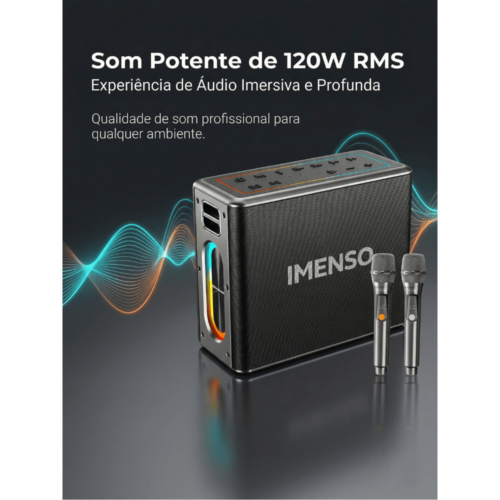 Caixa de Som Bluetooth 120W RMS | 12000mAh, 4 Drivers, 2 Microfones UHF, IPX4, RGB e TWS | IMENSO