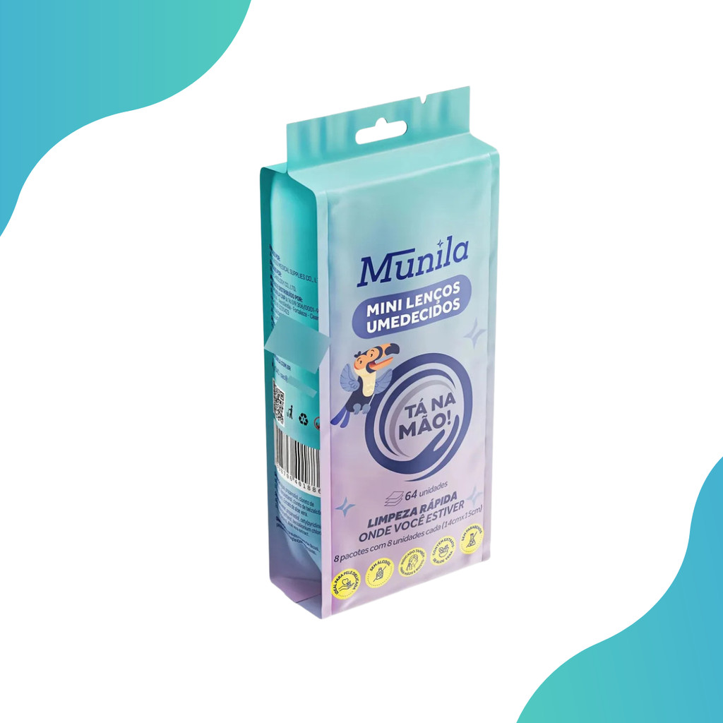 Kit 8 Mini Lenços Umedecidos Tá Na Mão Munila 64un Portátil