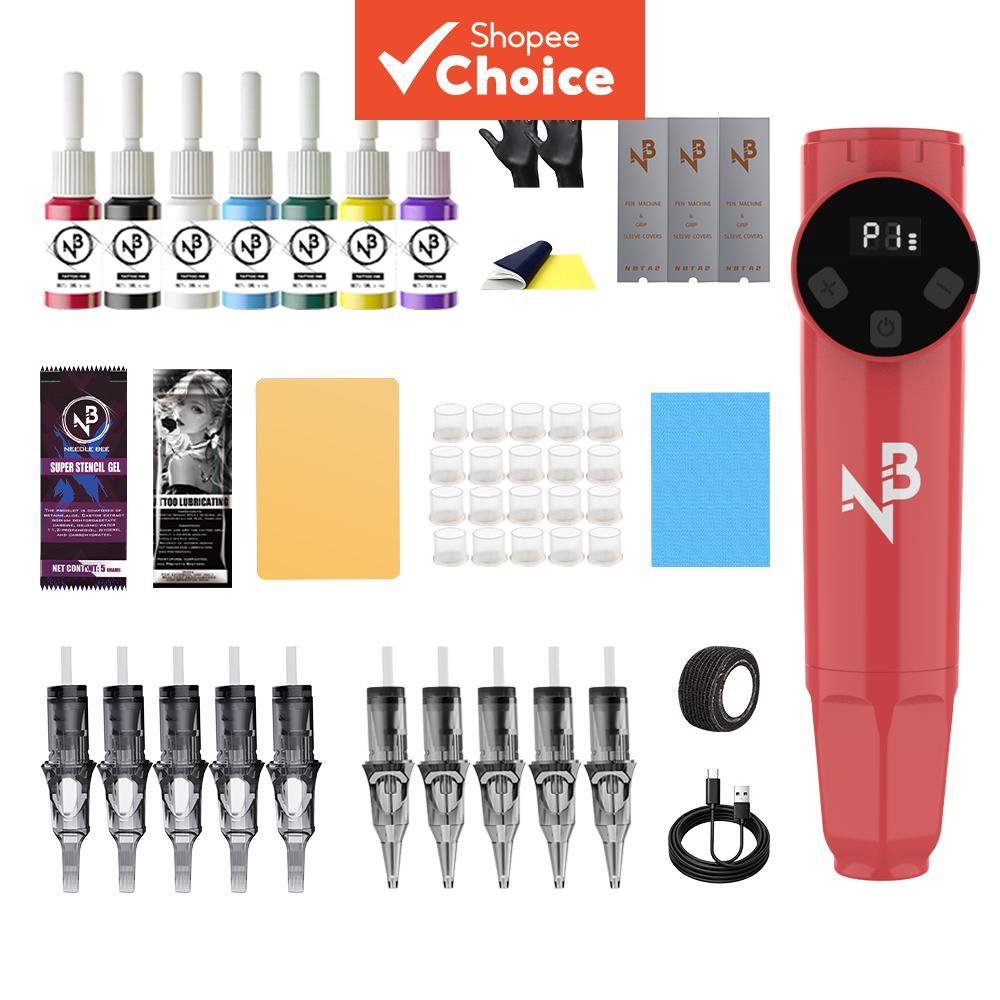 Kit de Tatuagem Rotativo NB Red Wireless com 7 Tintas para Tatuagem, 10 Agulhas Cartucho, 2 Pele de Prática & Acessórios
