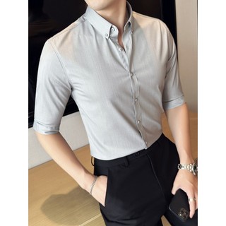 Verão High-End negócios Casual fino camisa de manga média masculina de manga curta magro-ajuste não-ferro rufião bonito 