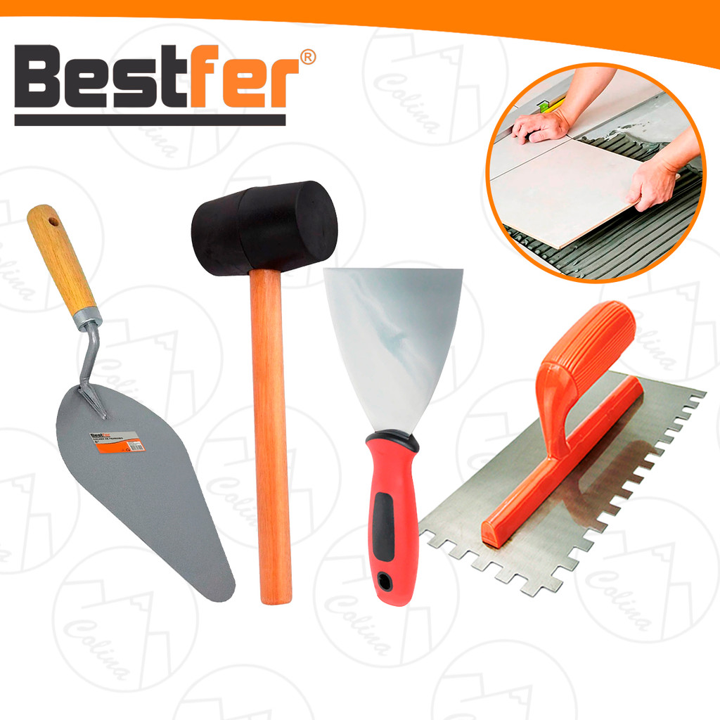 Kit Pedreiro Assentamento Instalação Pisos  Colher Pedreiro Espatula Desempenadeira Marreta