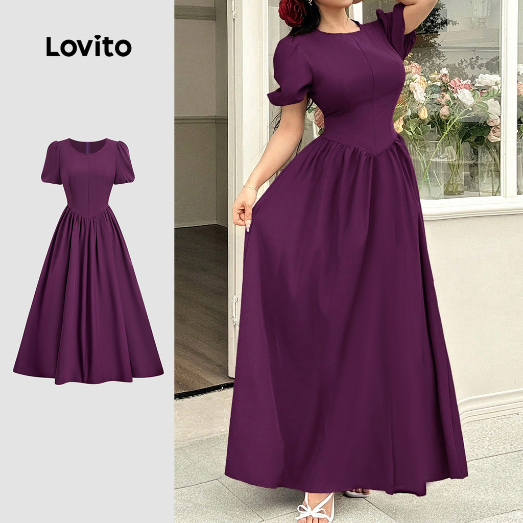 (New) Lovito Estrutura de Costura Do Vestido Elegante em Tecido Todas As Estações Cinza roxo LBL28006 em Oferta na Shopee