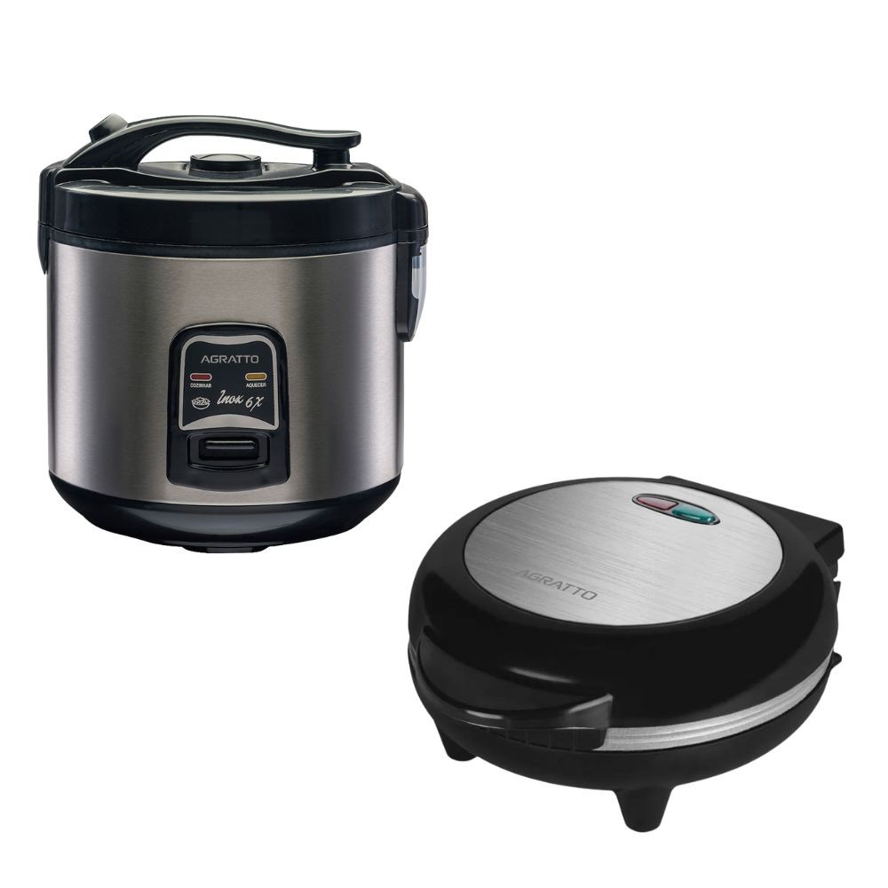 Kit Panela Elétrica de Arroz e Legumes Inox 6 Xícaras Agratto + Omeleteira Mr Cheff Inox Redonda Agratto - 127v