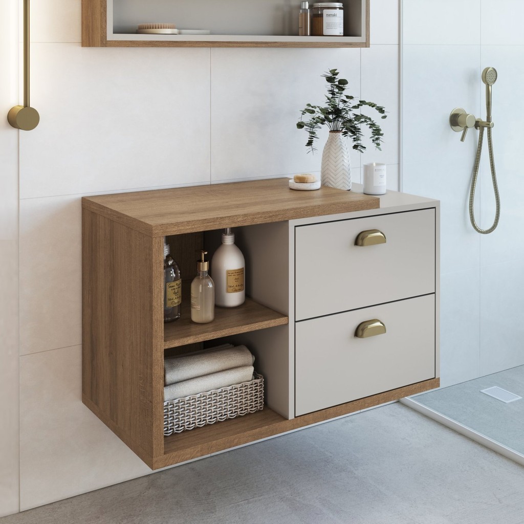Gabinete de Banheiro Suspenso 80cm Helena com 2 Gavetas sem Cuba Mel/Arenas em Oferta na Shopee