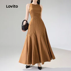 (Elegante) Lovito Vestido com Zíper Marrom Delicado Longo Primavera/verão Cor Caqui para Mulheres L152LD072
