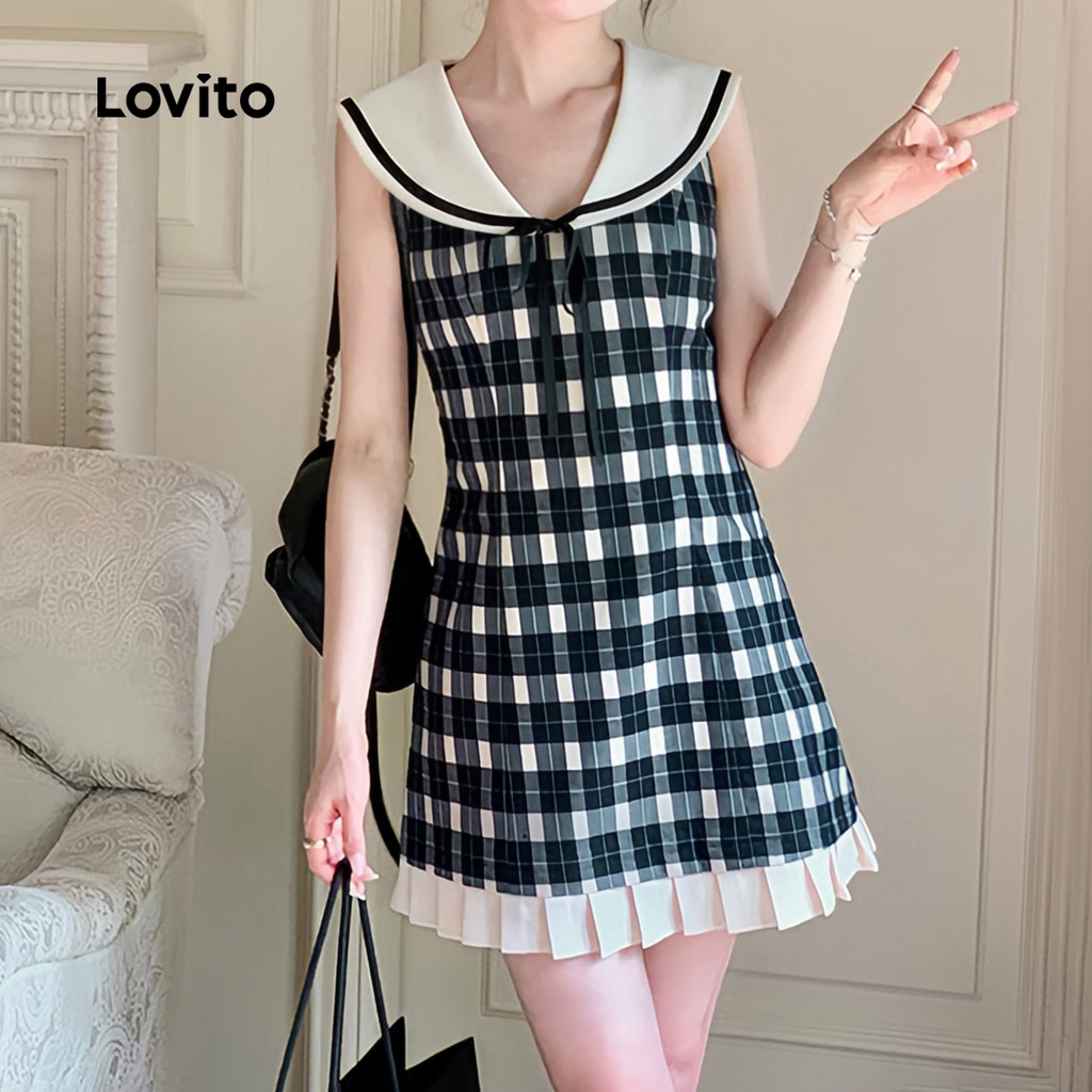 Detalhes do Lovito Vestido Préppy de Blocos de Cores Primavera/verão Preto e Branco para Mulheres L144AD069