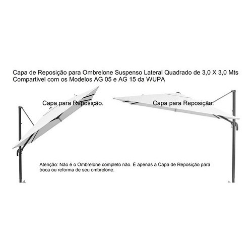 Capa De Reposição Para Ombrelone Lateral Suspenso Quadrado De 3,0 X 3,0 mts, com saquinhos nas pontas e Velcro.