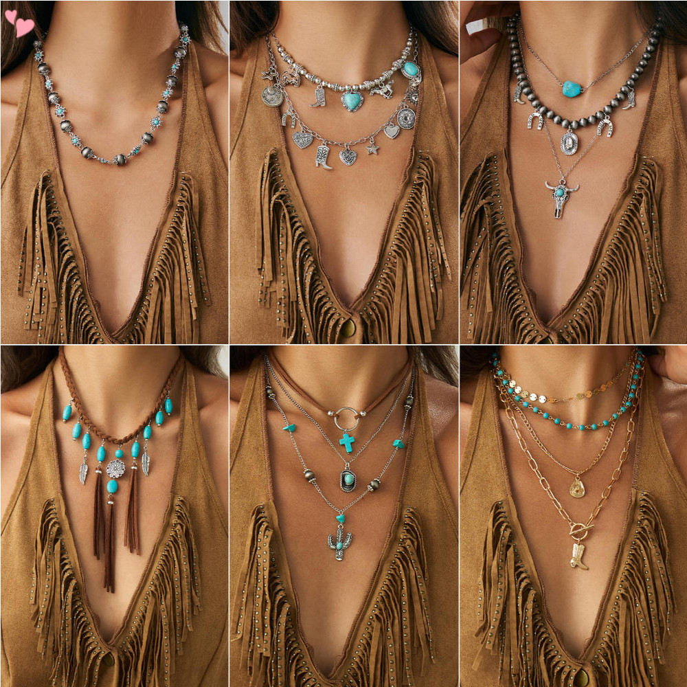 Colares Ocidentais Boho Em Camadas Com Pingente Para Mulheres Gargantilha Contas Turquesa Colar De Cabeça De Boi Joias A