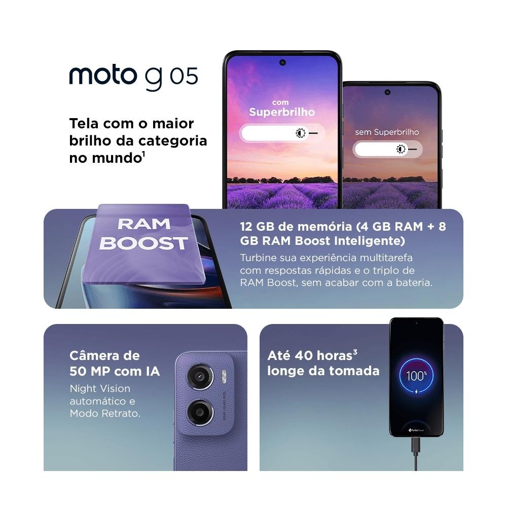 Detalhes do Smartphone Motorola Moto G05 4G 128GB 4GB RAM Câmera Traseira 50MP Frontal 8MP  6.7