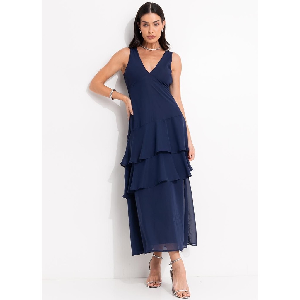 Vestido Em Chiffon Azul Marinho Quintess em Oferta na Shopee