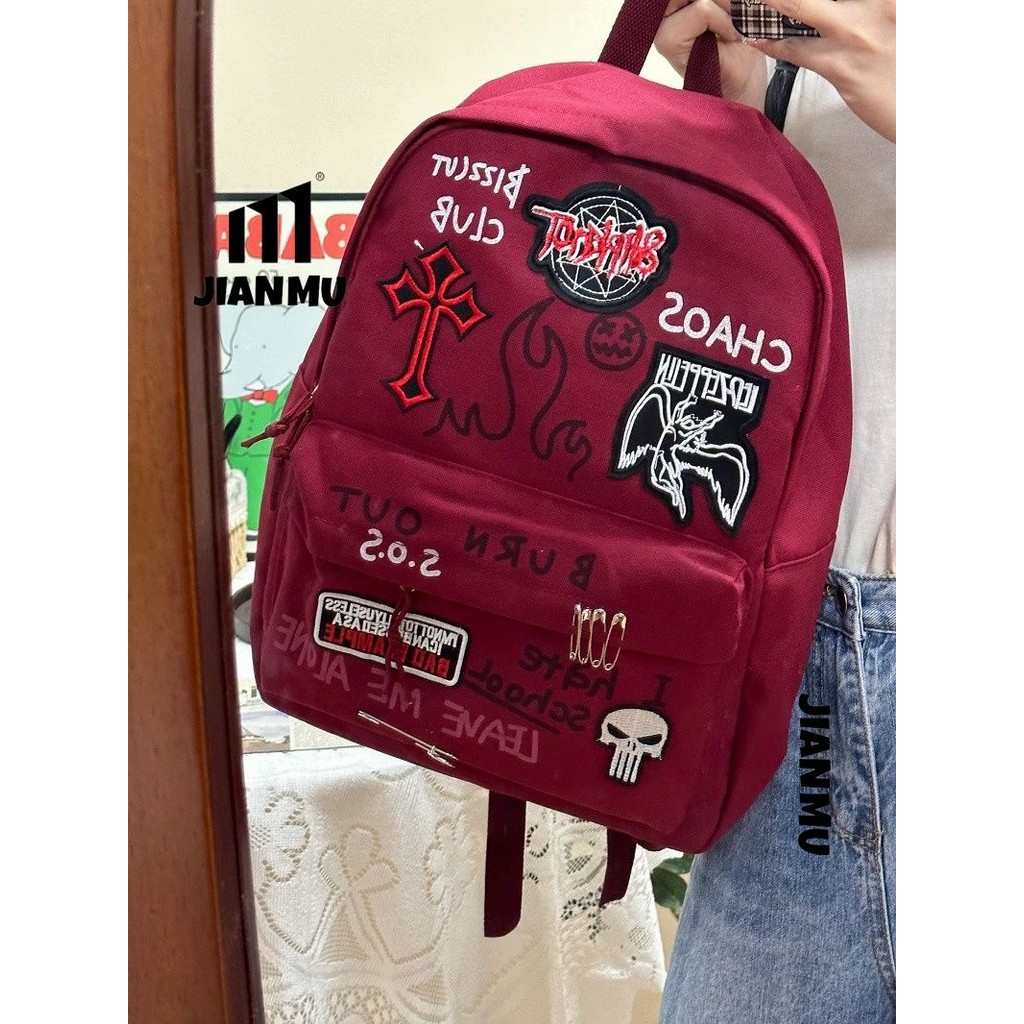 [SJB] Bolsa escolar de estudante estilo Punk com cruz vermelha vinho Y2K, mochila escolar americana de grande capacidade em Oferta na Shopee