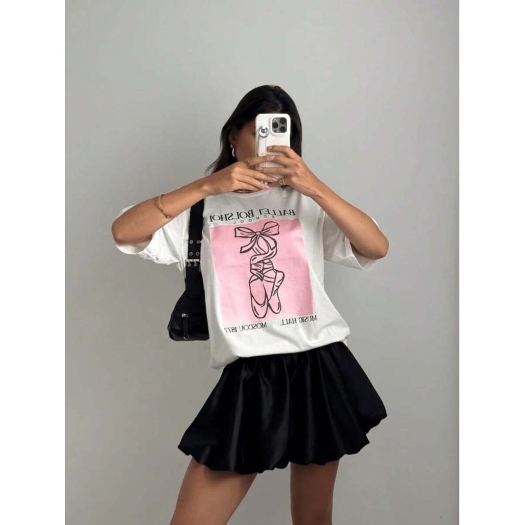 [Camiseta Premium em Algodão Puro]SISI Feminina Gola Redonda Canelada Estampa BALLET Camiseta Algodão Premium