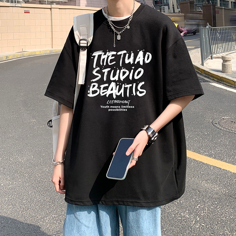 Manga curta meninos verão camiseta novo estilo americano verão Street Wear meia manga solta algodão pesado topo camiseta