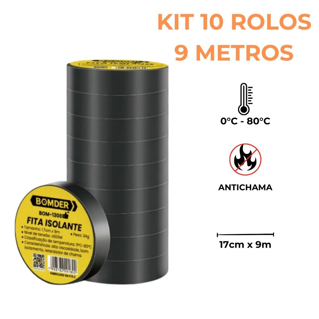 Fita Isolante O kit Contém 1-10 Unidades Antichama 9 Metros PVC Preta Opcional