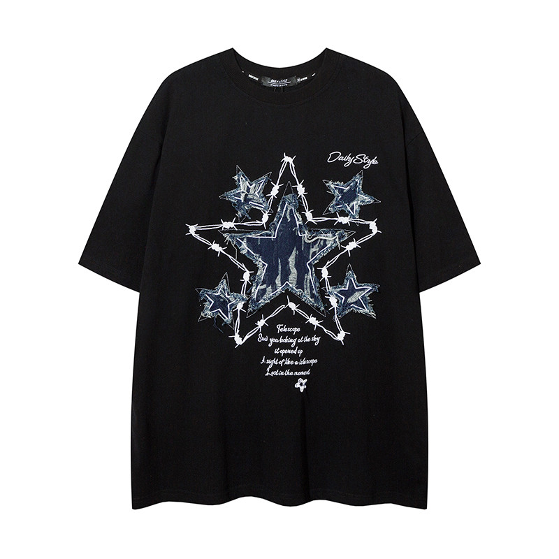 Camiseta Preta Unissex de Algodão Puro com Design de Estrelas e Texto "Daily Style", Estilo Alternativo
