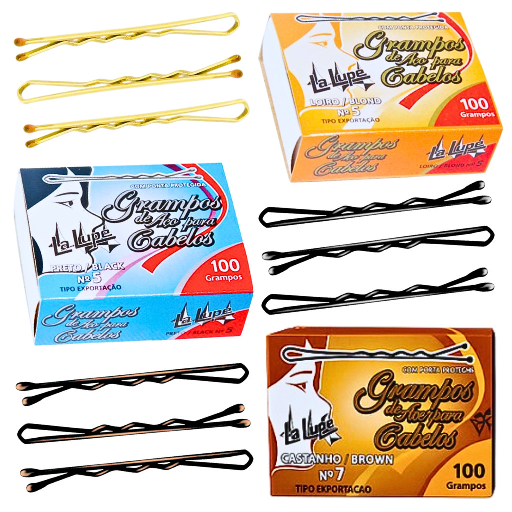 Kit 100 Grampos para Cabelo Nº 5 Preto Loiro Castanho La Lupe Penteados