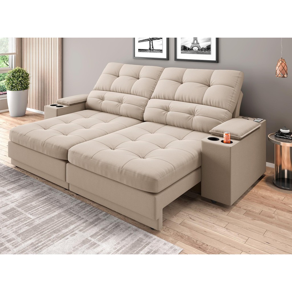 Sofá com Porta Copos e Carregador USB Eureka 2,00m Assento Retrátil e Reclinável Velosuede - NETSOFAS em Oferta na Shopee
