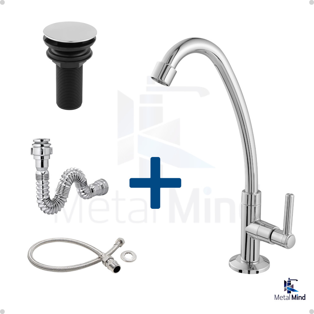 Kit Banheiro em ABS Cromado -Torneira Bica Alta, Válvula Click, Engate Flexível e Sifão Cromado