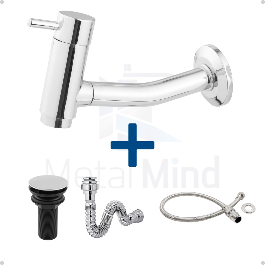 Kit Banheiro em ABS Cromado -Torneira Link 18 Parede, Válvula Click, Engate Flexível e Sifão Cromado