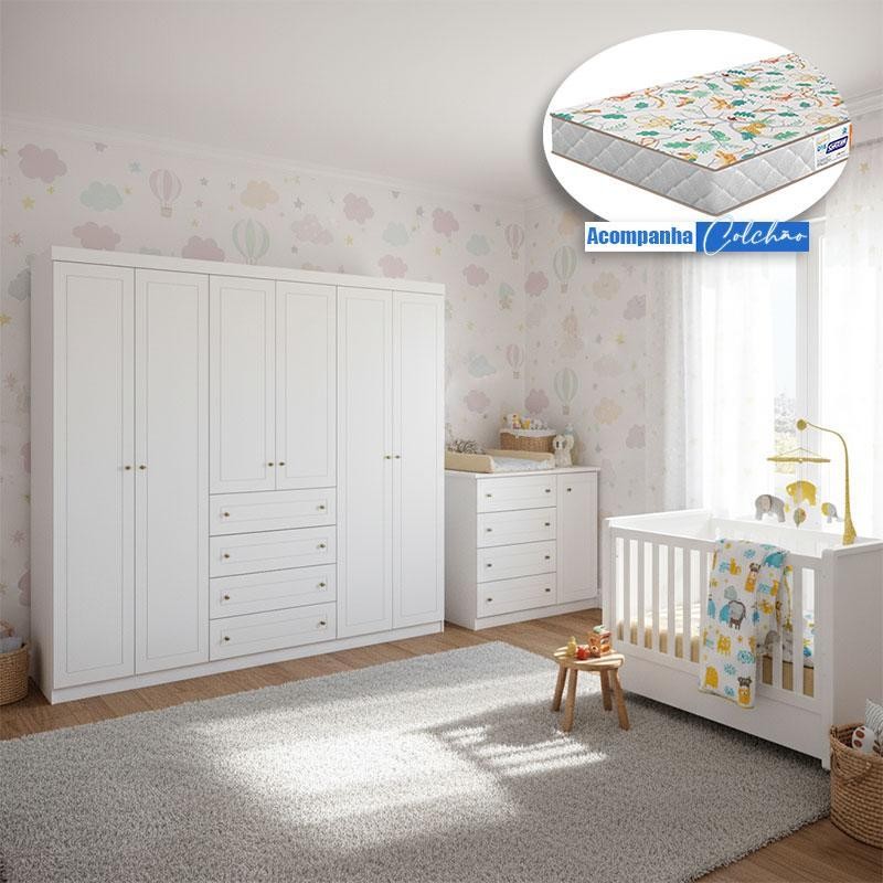Quarto Infantil Americano 6 Portas Ambiente com Berço Tutto New Branco Fosco e Colchão Gazin - Henn