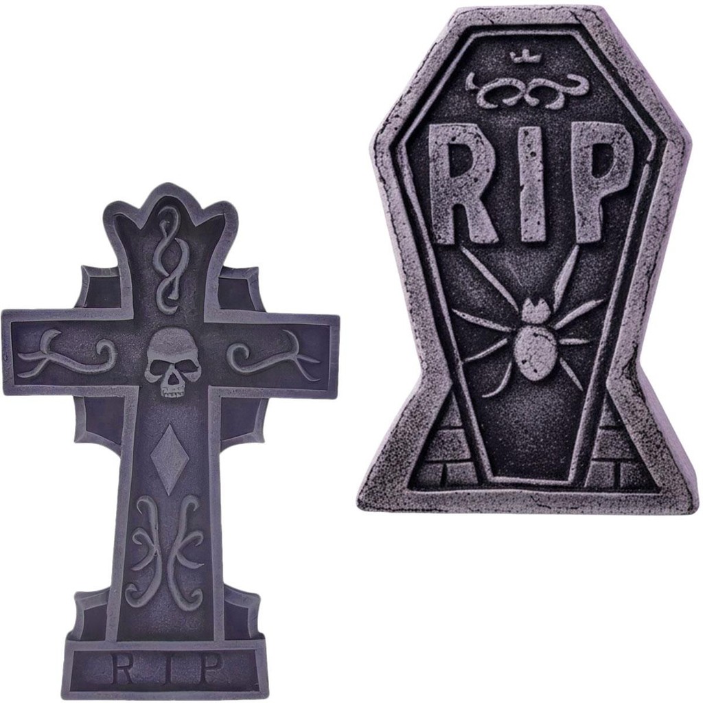 Kit 2 Lápides de Halloween Lapide Cemitério Grande e Realista Auto Relevo de Pedra Decoração Quintal Casa