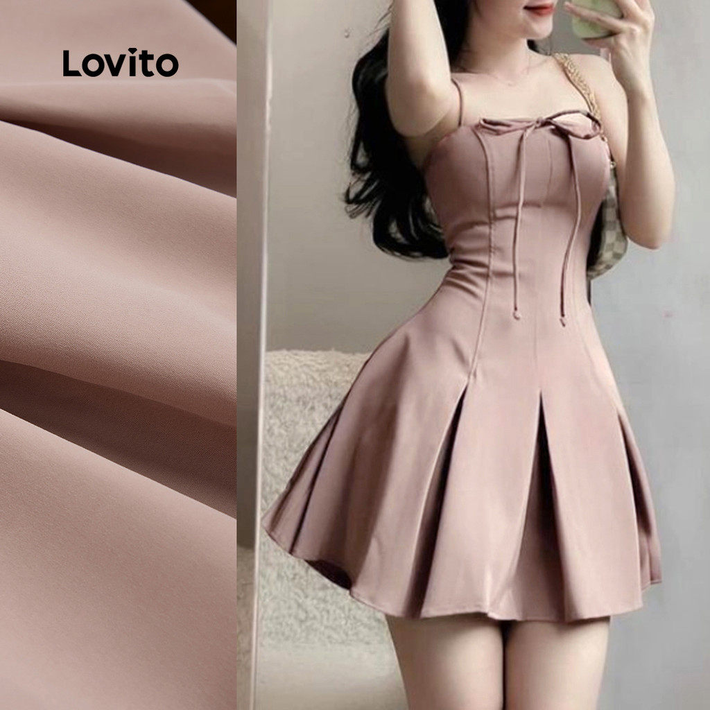 (NEW) Lovito Vestido Elegante com Pregas Laço Na Frente para Deslocamento Primavera/verão Vestido Caqui L155ED1935 em Oferta na Shopee