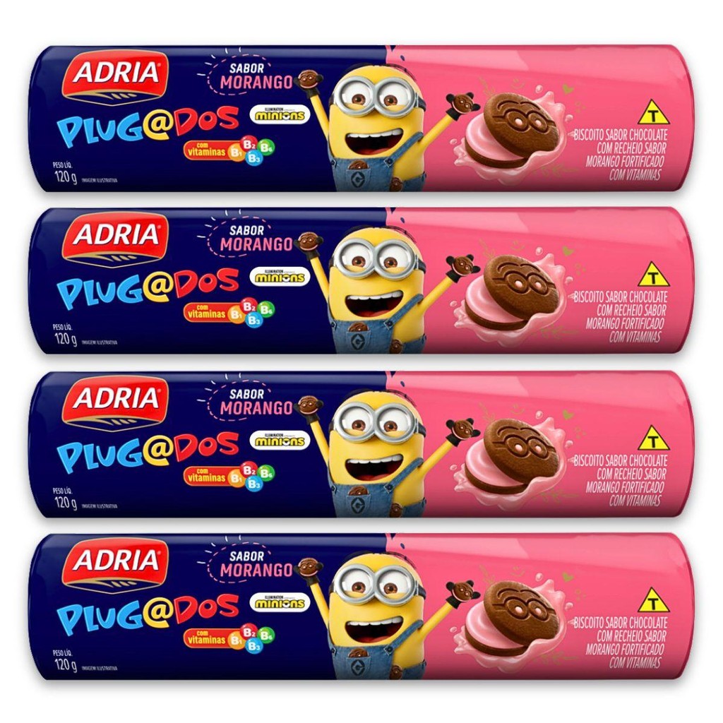 Kit 4un Biscoito Chocolate 120G Morango Minions Adria Plugados em Oferta na Shopee