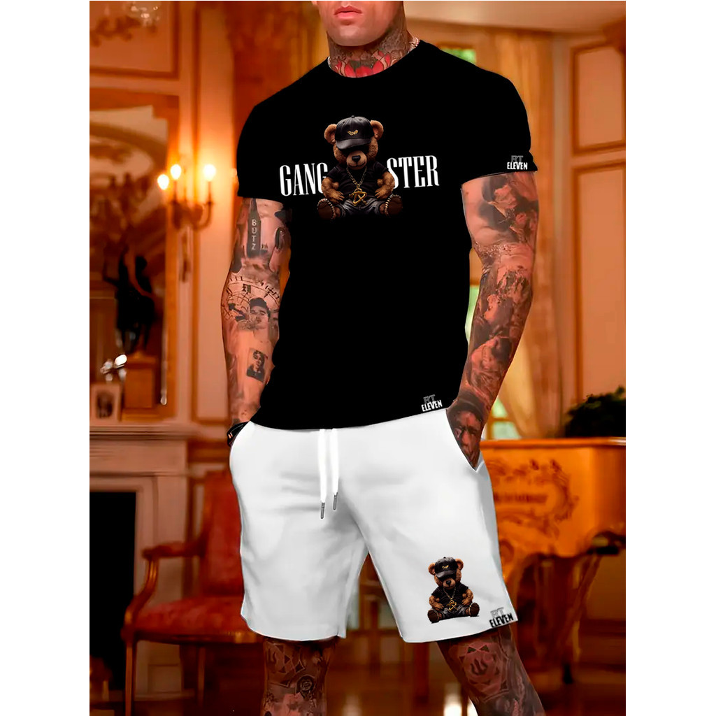 Kit Conjunto Gangster Camiseta Masculina 100% Algodão + Bermuda tectel Lançamento Estampada Urso Badboy  Confortavel