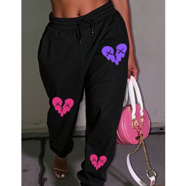 Calça Moletom Flanelado Feminino Streetwear Estampado Coração Bad Quebrado Estilo De Rua Confortavel Inverno