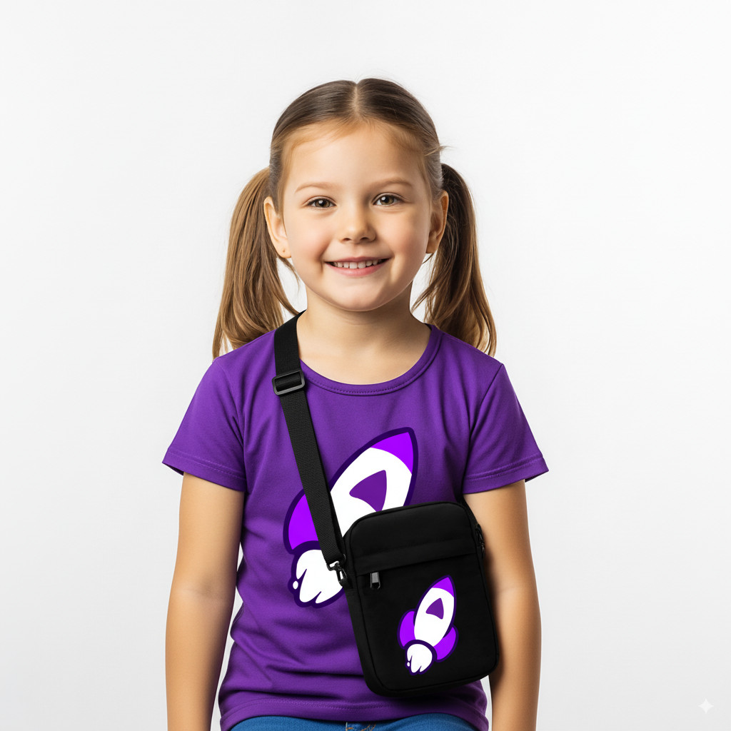 Kit Camiseta Infantil Katlen Roxo + Bolsa Shoulder Bag Preto Foguete Dos Rosa Youtuber em Oferta na Shopee