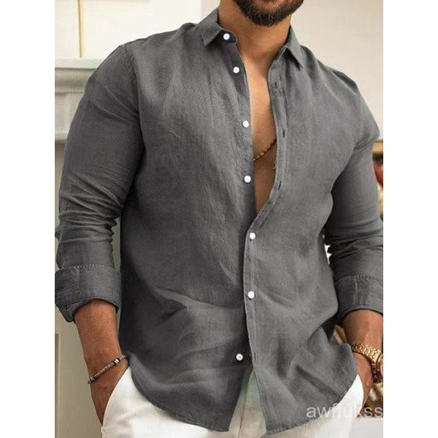 Camisa De Vestido De Algodão/Linho Masculino Confortável Casual Manga Longa Moda Várias Cores em Oferta na Shopee