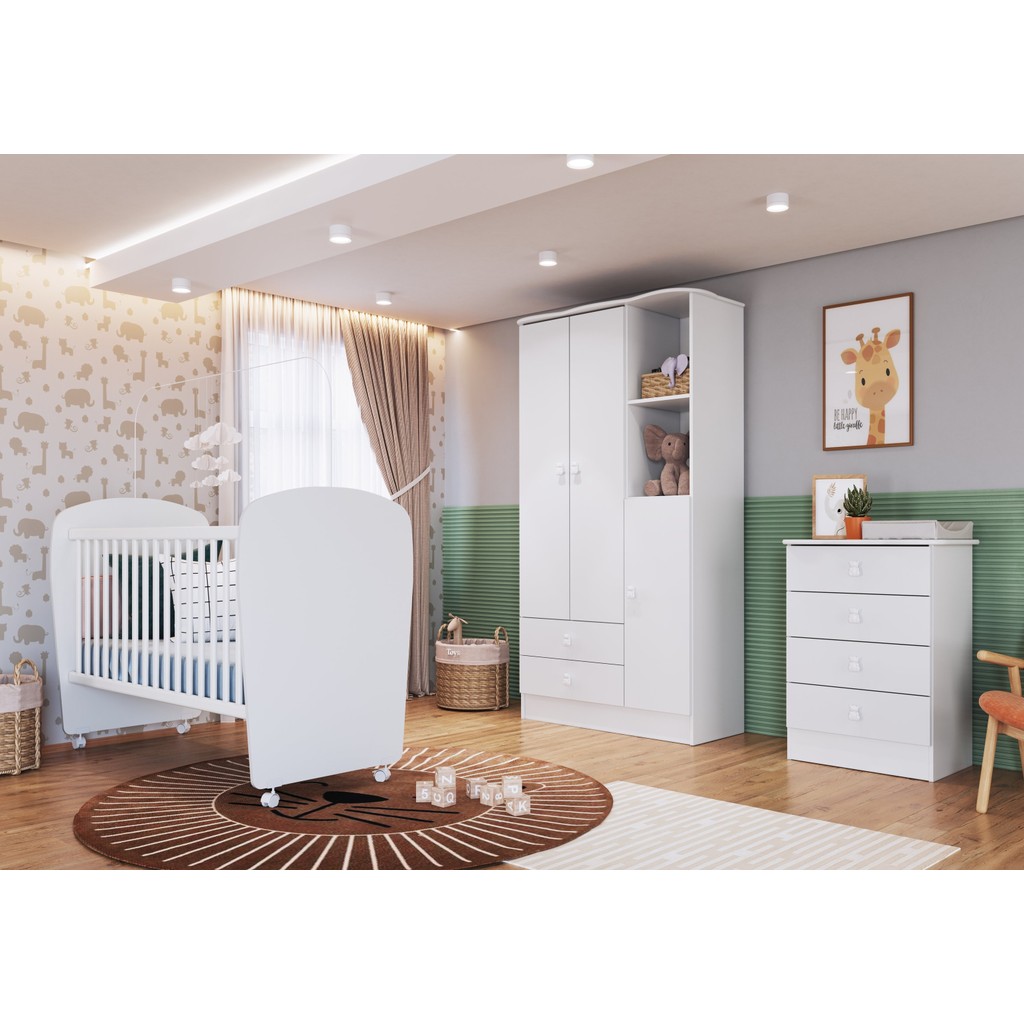 Quarto de Bebê Completo com 1 Berço 1 Cômoda 1 Guarda Roupa Arco-Íris  Branco em Oferta na Shopee