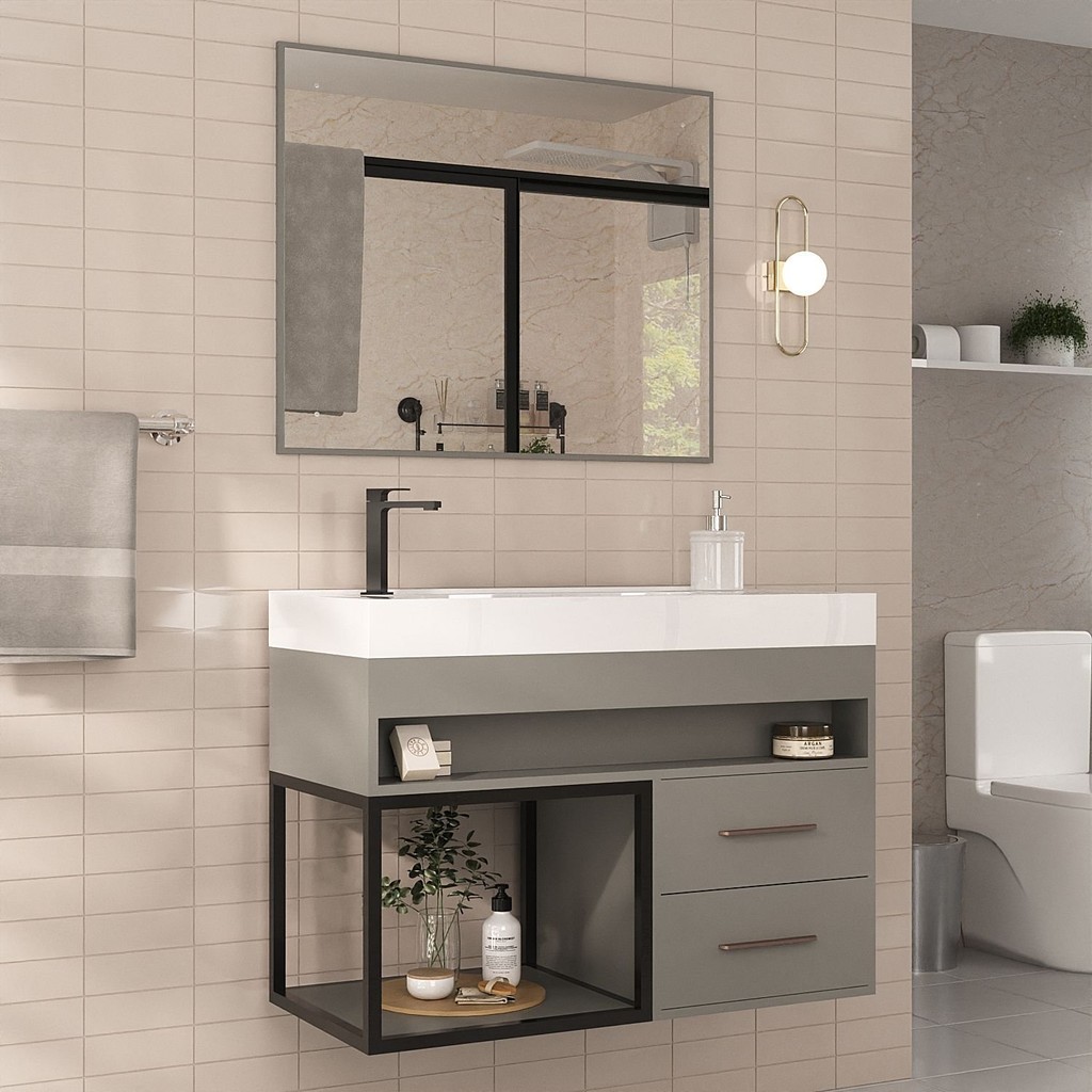 Conjunto Gabinete para Banheiro com Espelheira New 80 Cimento