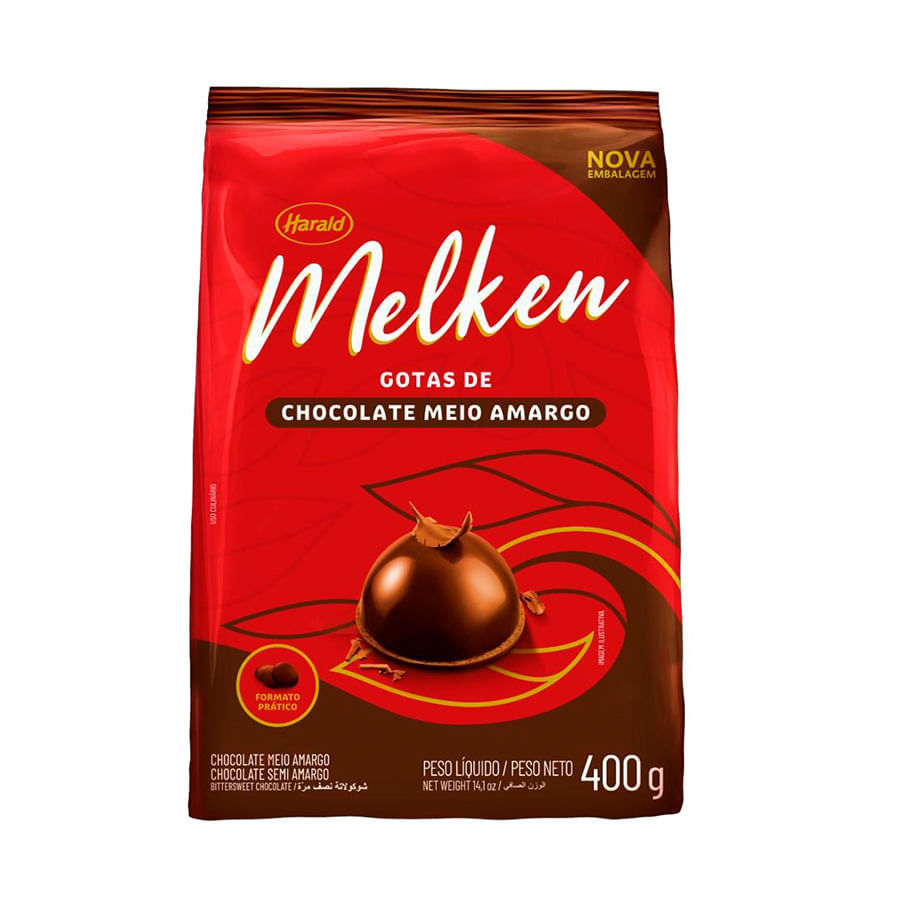 Chocolate Melken Meio Amargo Gotas 400g HARALD em Oferta na Shopee