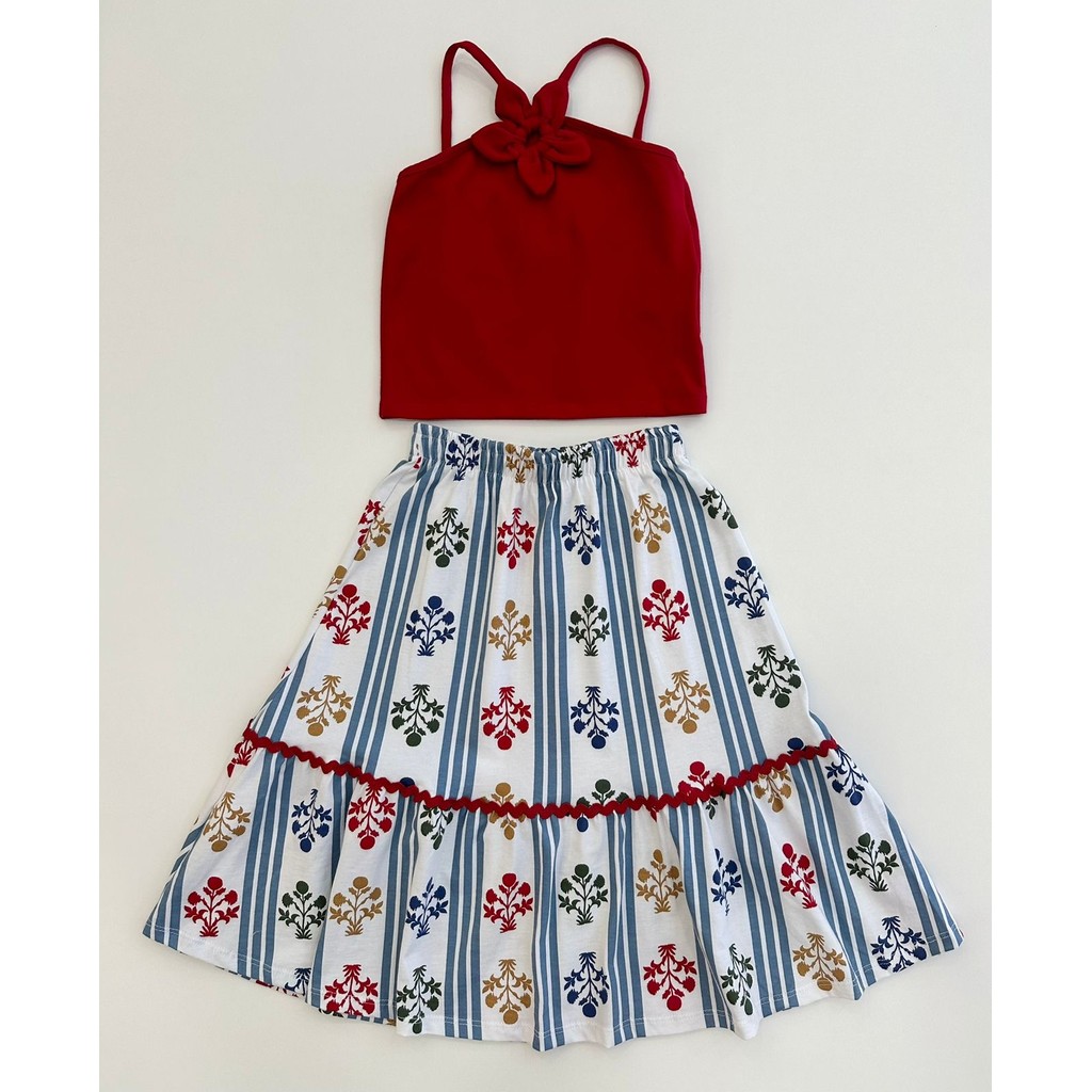 Conjunto Infantil Nanai Cropped Vermelho Flor e Saia Listrada Floral Premium