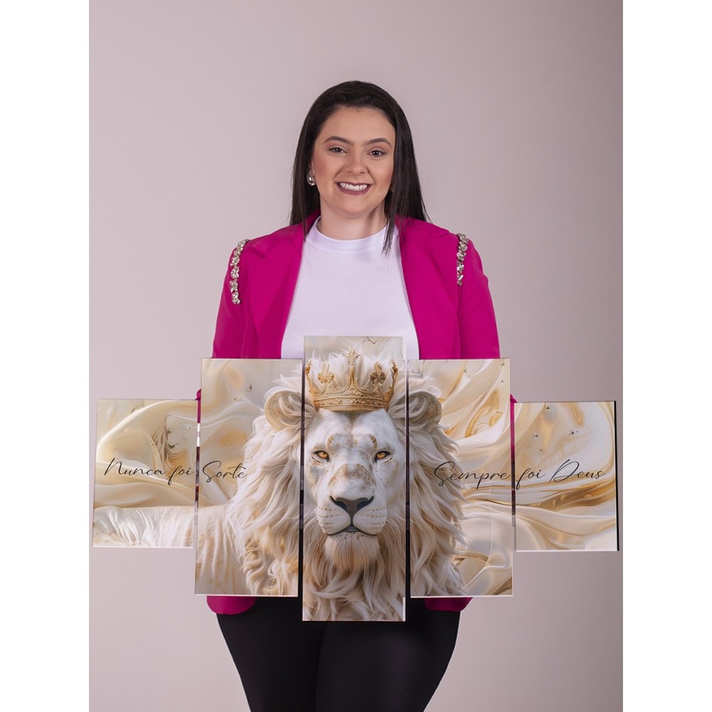 Quadro Decorativo Leão Branco Coroado 5 Peças Sala Quarto Escritório Luxo Moderno Elegante