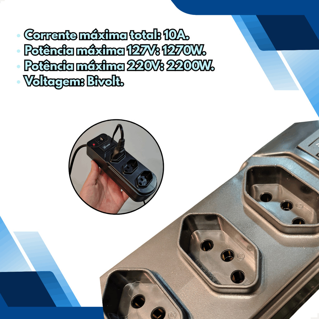 Filtro de Linha 3 Tomadas 900W Preto | Extensão Elétrica Reforçada | Cabo Durável e Proteção