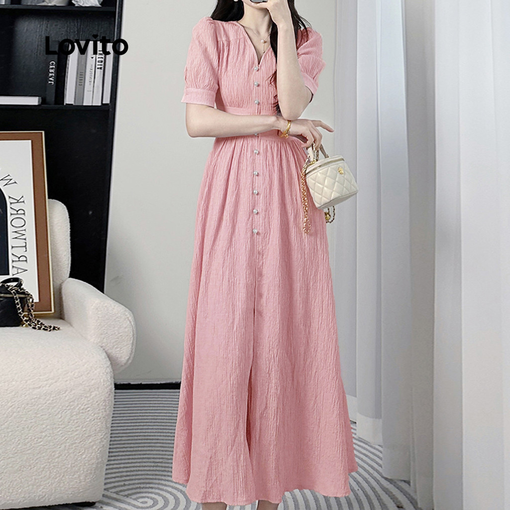 Detalhes do Lovito Vestido Casual Liso Plissado Verão Primavera Rosa Para Mulheres L132ED074