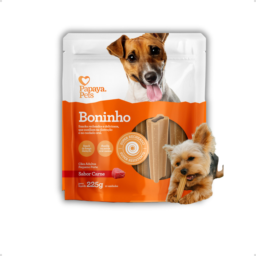 Petisco Natural Snack para Cachorro Adulto Mordedor Duro Boninho Sabor Carne Papaya Pets 225g