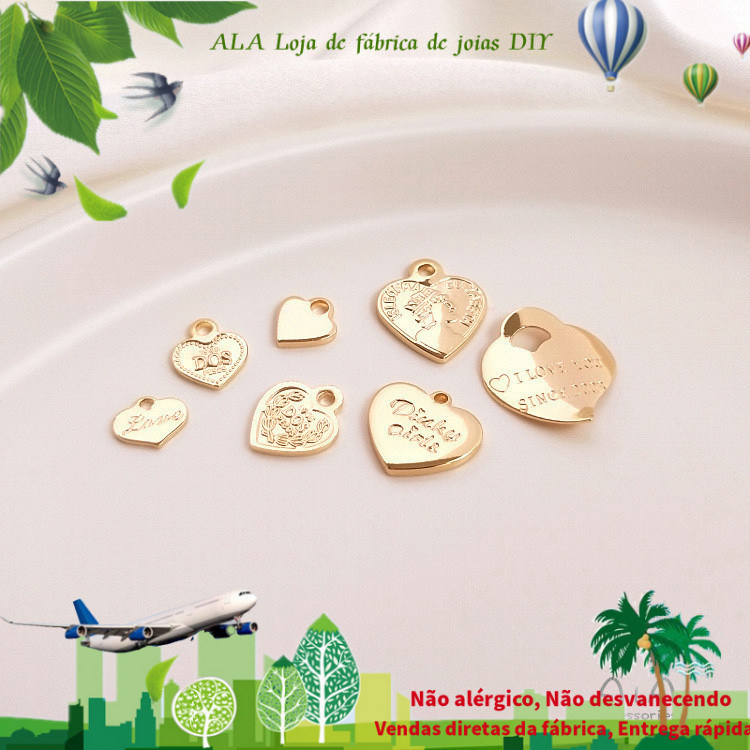 14K banhado a ouro cor-preservando em forma de coração pêssego coração gravado carta pingente rainha Avatar Tag DIY jóia