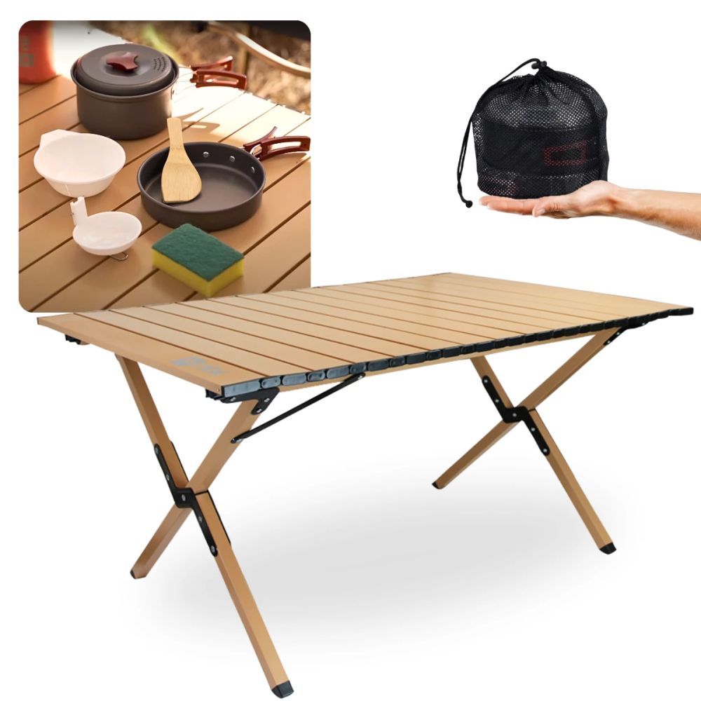 Kit Camping Panelas Camp 2 7 Peças + Mesa Dobrável 90cm Aço Frade Cozinha Camping Pesca Outdoor