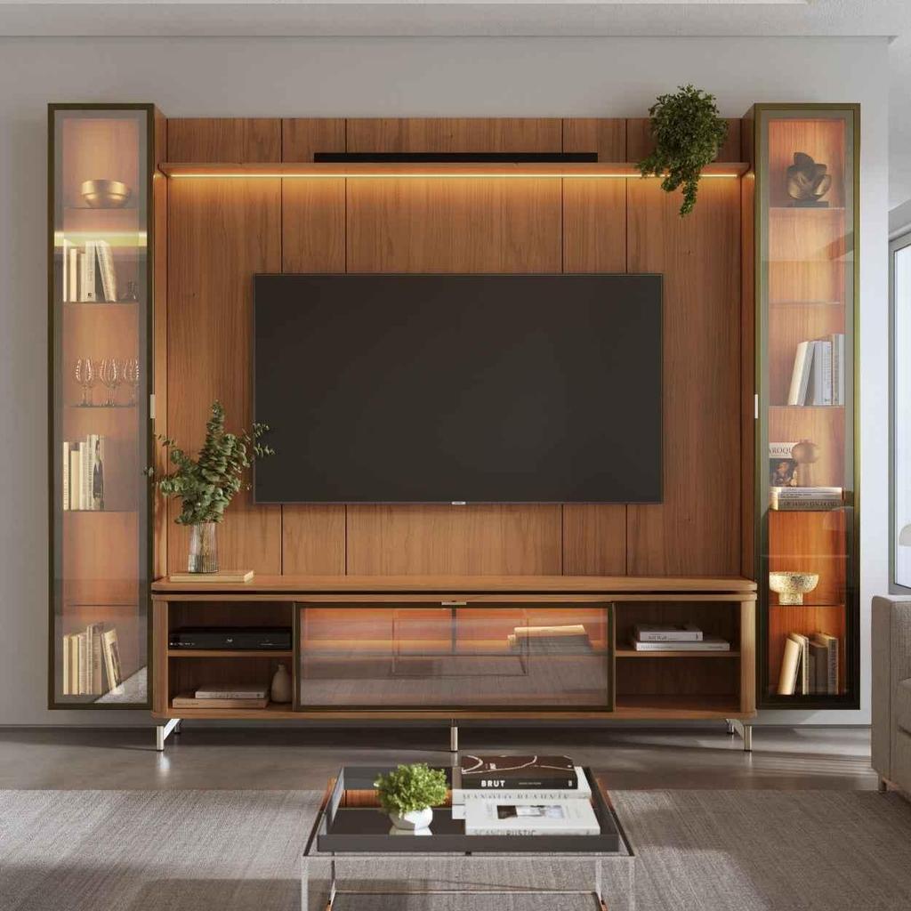 Rack com Painel para TV até 85" 2 Cristaleiras Vidro Reflecta e LED Lincoln Float 291cm – Canella c/ Champanhe