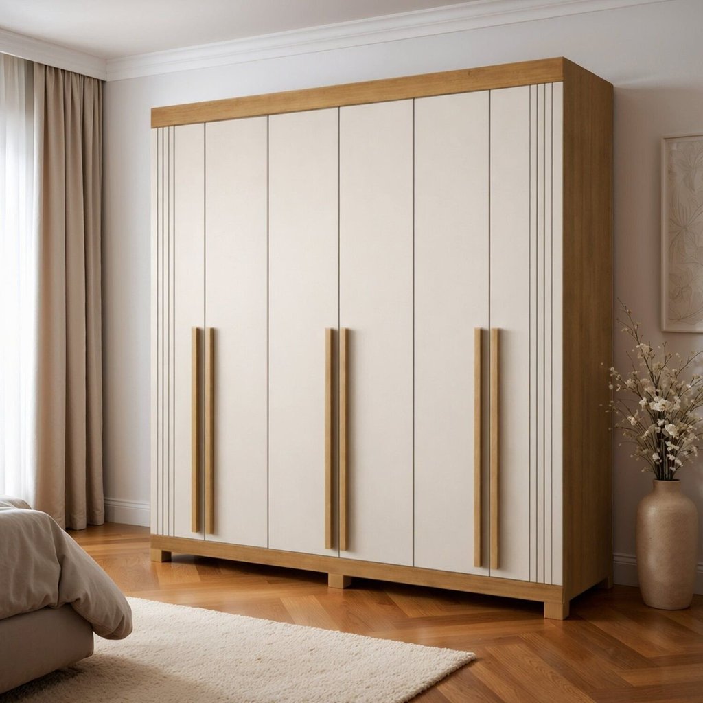 Guarda-Roupa Casal 6 Portas 4 Gavetas MDF com Pés Liss Marrom/Cinamomo/Off White Cinamomo/Off White