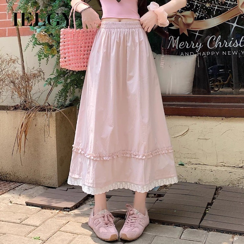 IELGY Saia Rosa Feminina Fungo Renda Saia Linha a Saia Guarda-chuva Saia Longa