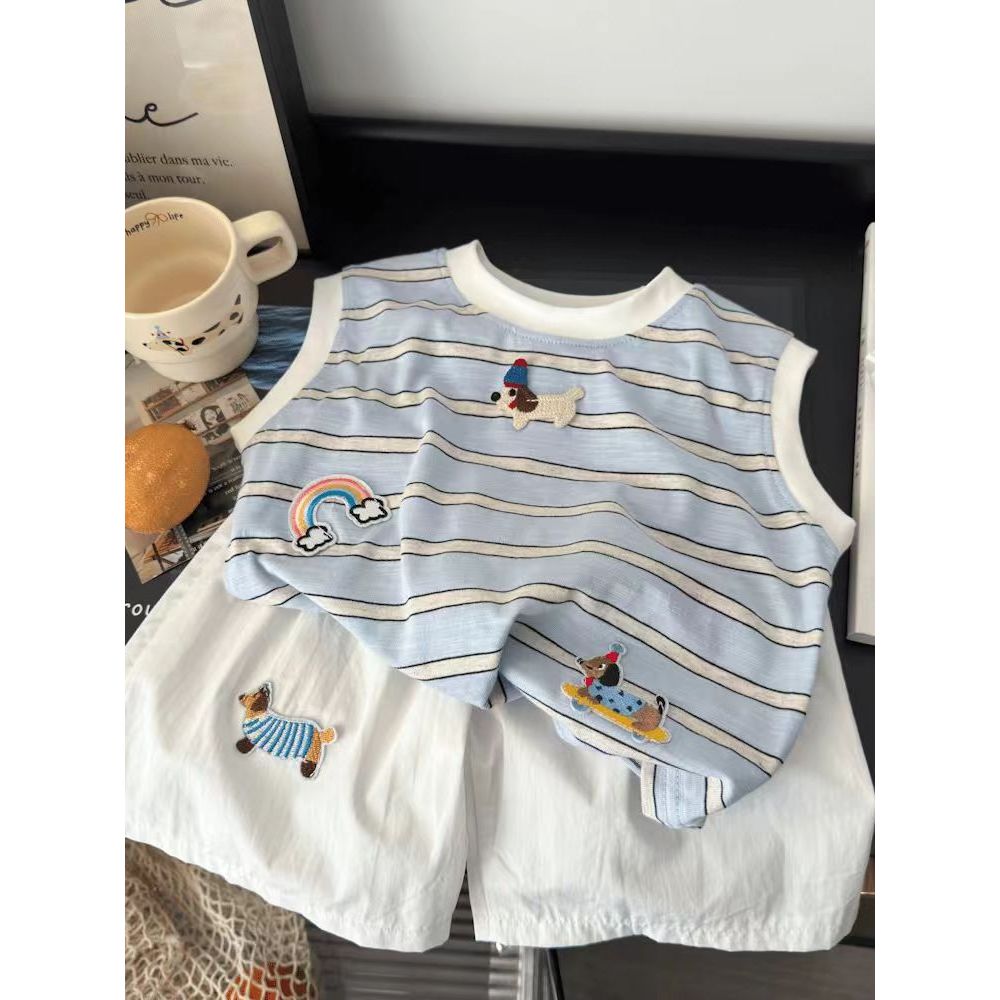 Crianças dos desenhos animados listrado colete conjunto verão novo estilo meninos sem mangas bordado camiseta Casual con