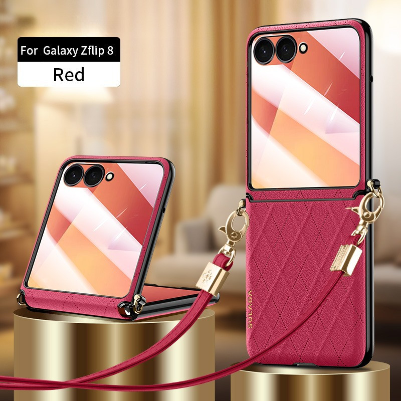 Moda Diagonal Corda Longa Diamante Grade Couro Caso De Telefone Para Samsung Z Fold 8 7 6 5 À Prova De Choque Eixo Centr