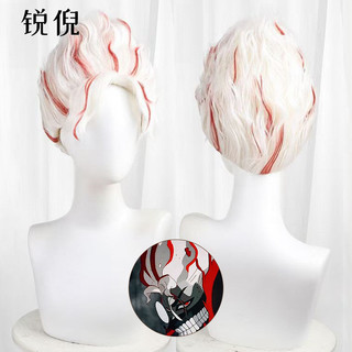 Peruca de cosplay Rui Ni Super Natural Armed Dandadan Ercan, com mechas vermelhas e brancas, cabelo curto volumoso, em e