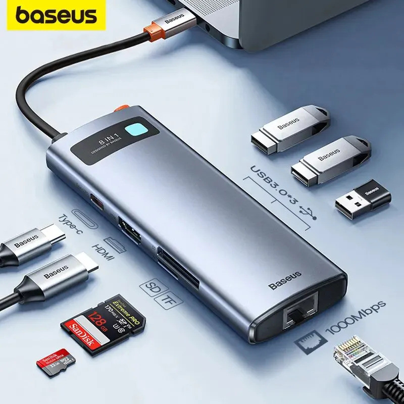 Baseus 4K 60Hz USB C Hub Type C to Ethernet Port PD 100W Adapter for Macbook Pro